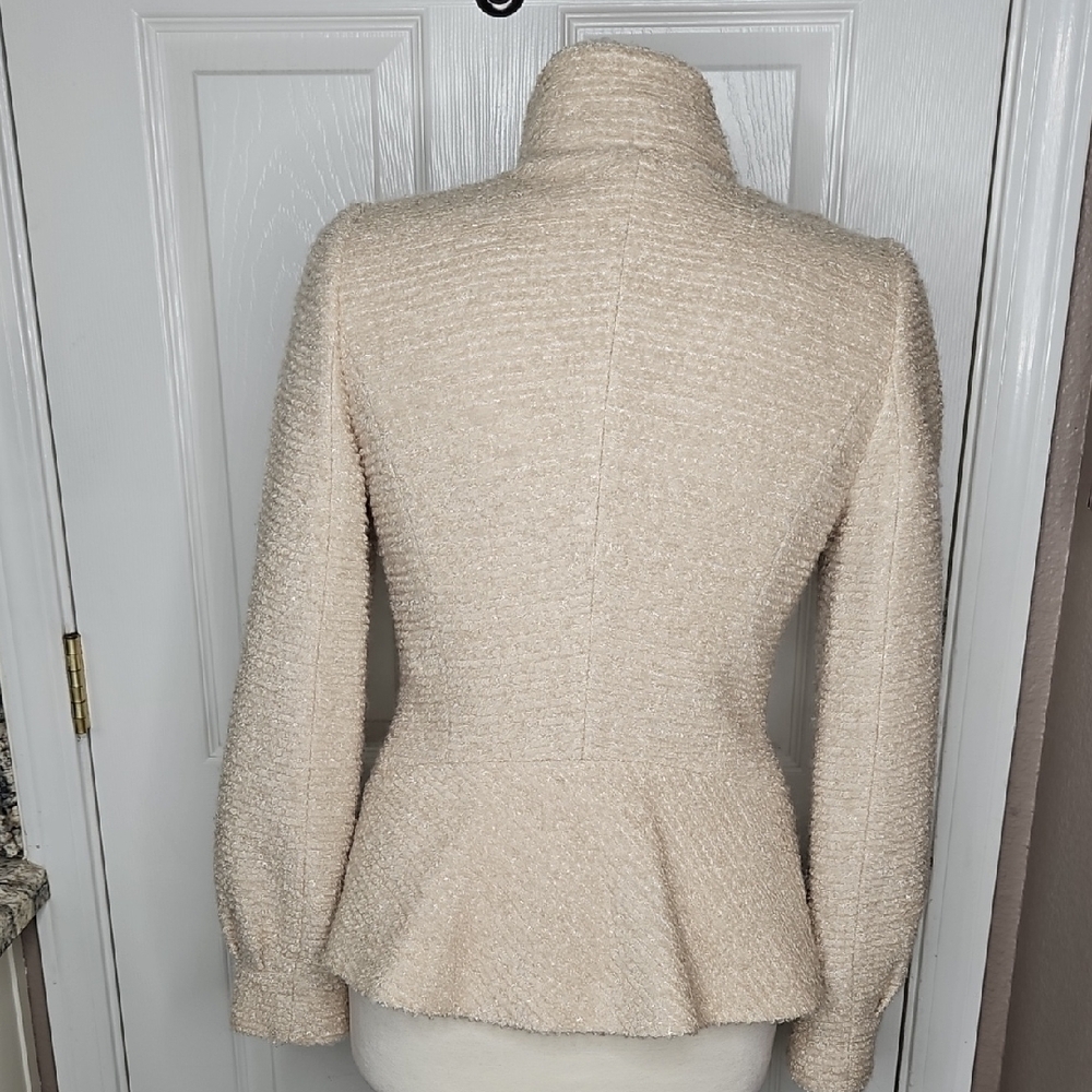 JIGOTT Elegant Cream/Oat Textured Metallic Silver Thread button Down Blazer - Picture 5 of 15